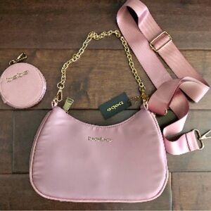 bebe Mara Nylon Crossbody bag with a gold chain and a detachable coin pouch.